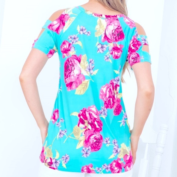PS Kate Teal Blue Cold Shoulder Floral Ladder Cut-out Short Sleeve Top NEW - Picture 3 of 11